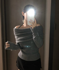 リボンドレープオフショルダーニット(5color) CHARCOAL