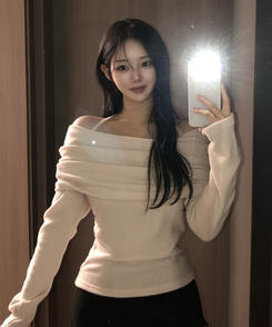 リボンドレープオフショルダーニット(5color) LIGHT BEIGE