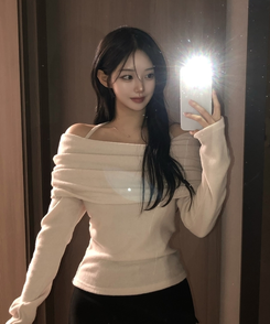 リボンドレープオフショルダーニット(5color) LIGHT BEIGE