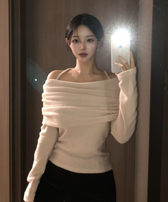 リボンドレープオフショルダーニット(5color) LIGHT BEIGE