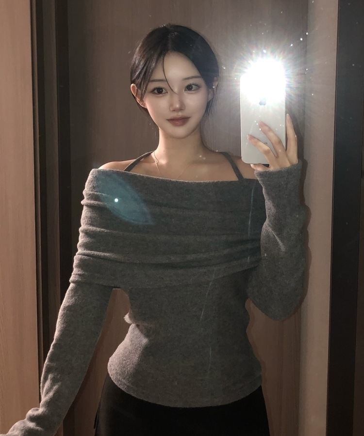 リボンドレープオフショルダーニット(5color) CHARCOAL