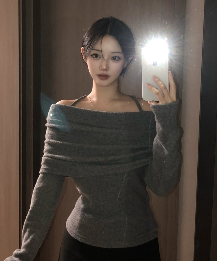 リボンドレープオフショルダーニット(5color) CHARCOAL