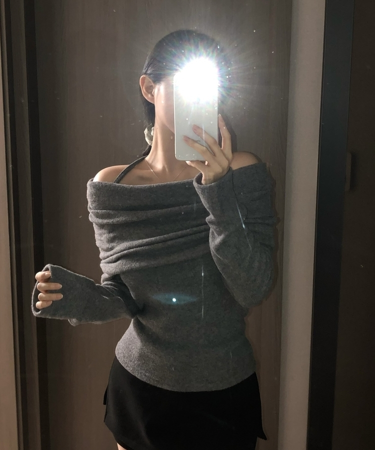 リボンドレープオフショルダーニット(5color) CHARCOAL