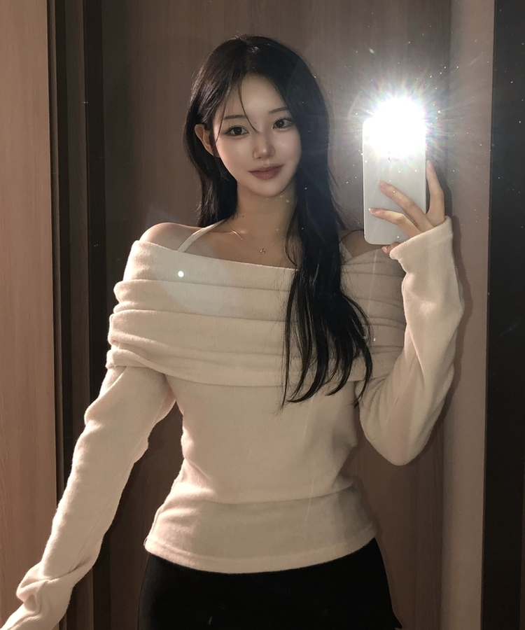 リボンドレープオフショルダーニット(5color) LIGHT BEIGE