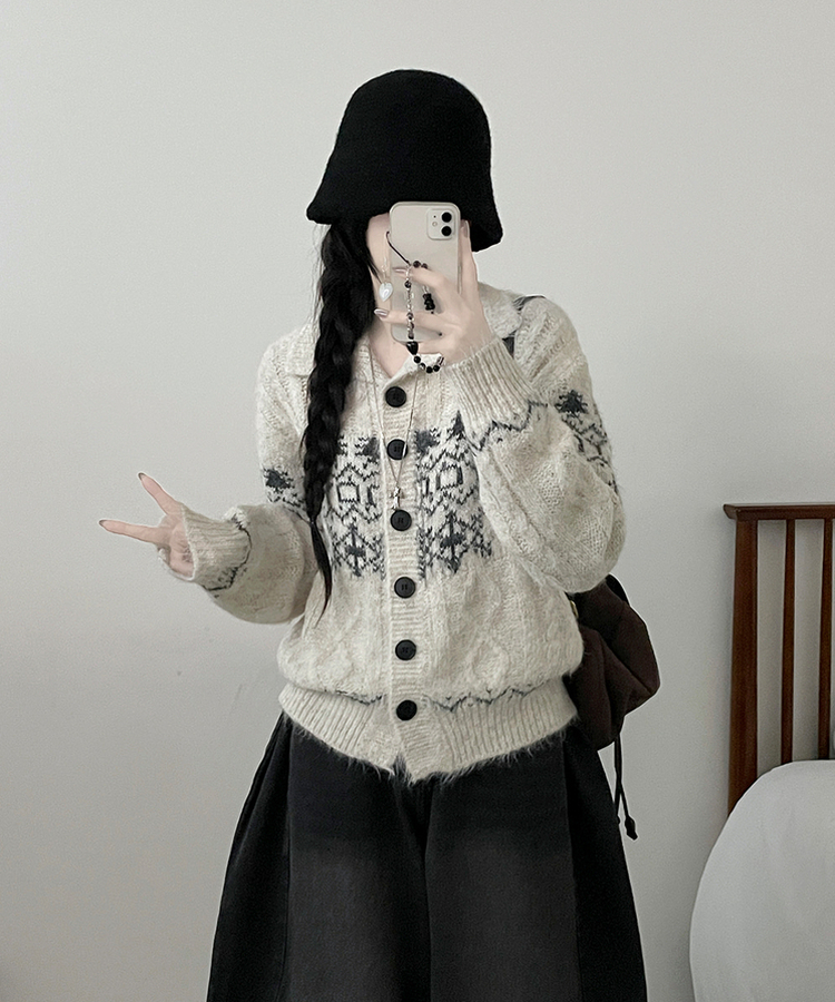 코제스노우노르딕패턴하이넥버튼울니트가디건