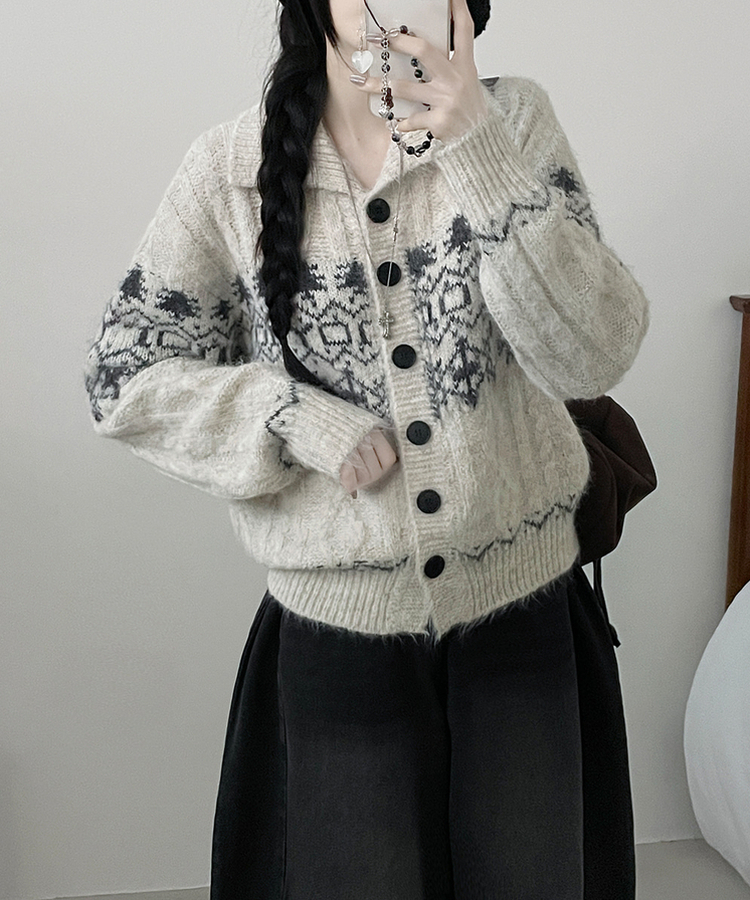 코제스노우노르딕패턴하이넥버튼울니트가디건