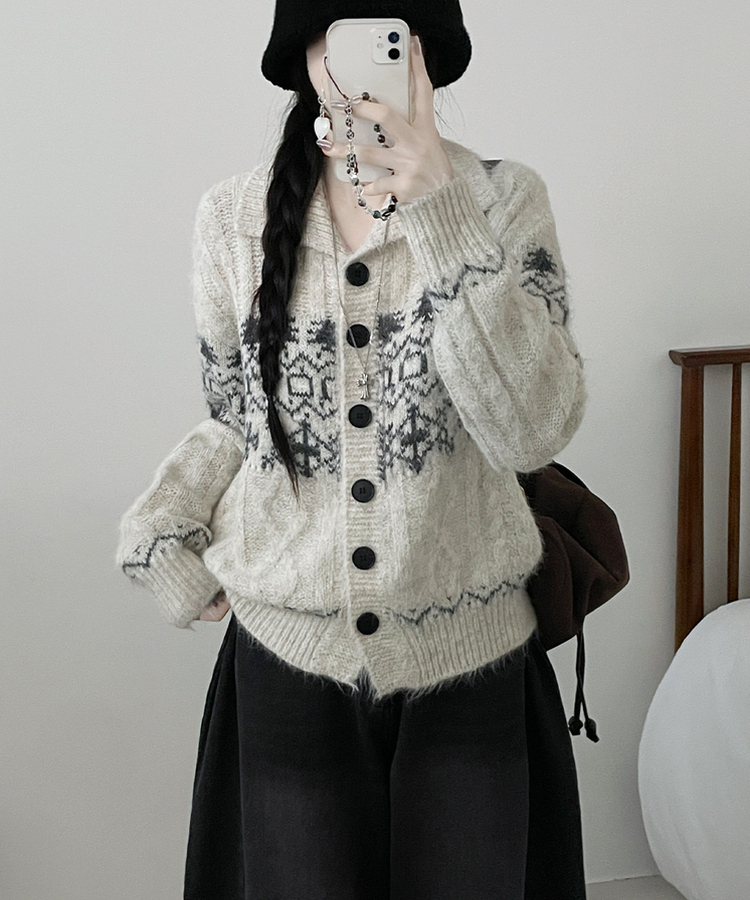 코제스노우노르딕패턴하이넥버튼울니트가디건