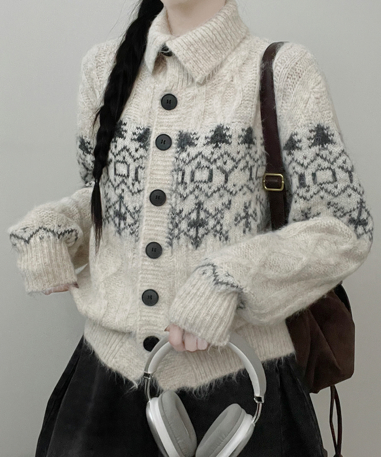 코제스노우노르딕패턴하이넥버튼울니트가디건