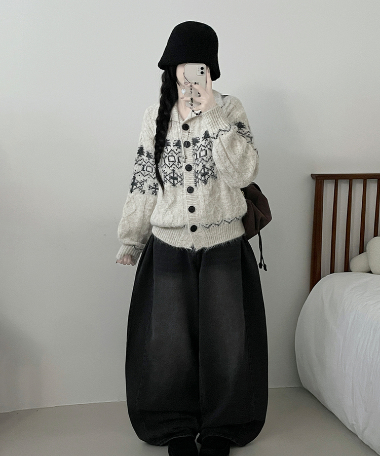 코제스노우노르딕패턴하이넥버튼울니트가디건