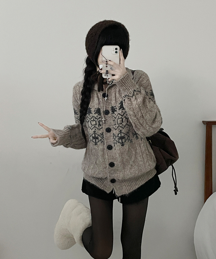 코제스노우노르딕패턴하이넥버튼울니트가디건