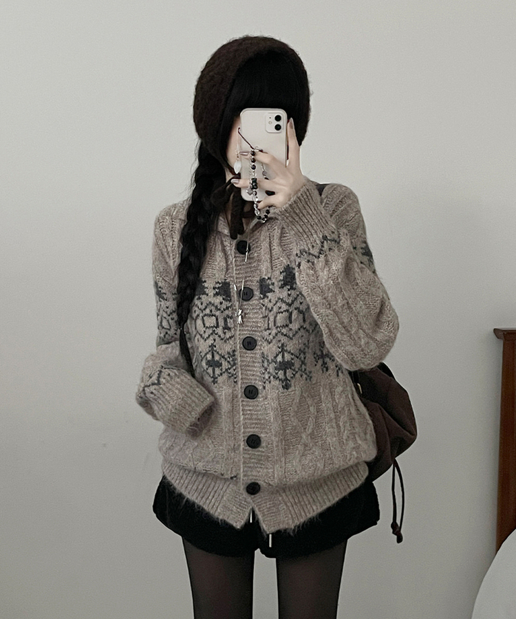 코제스노우노르딕패턴하이넥버튼울니트가디건