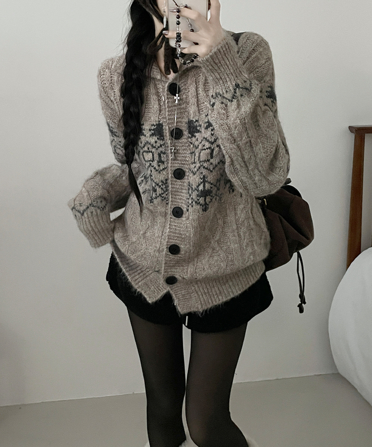 코제스노우노르딕패턴하이넥버튼울니트가디건