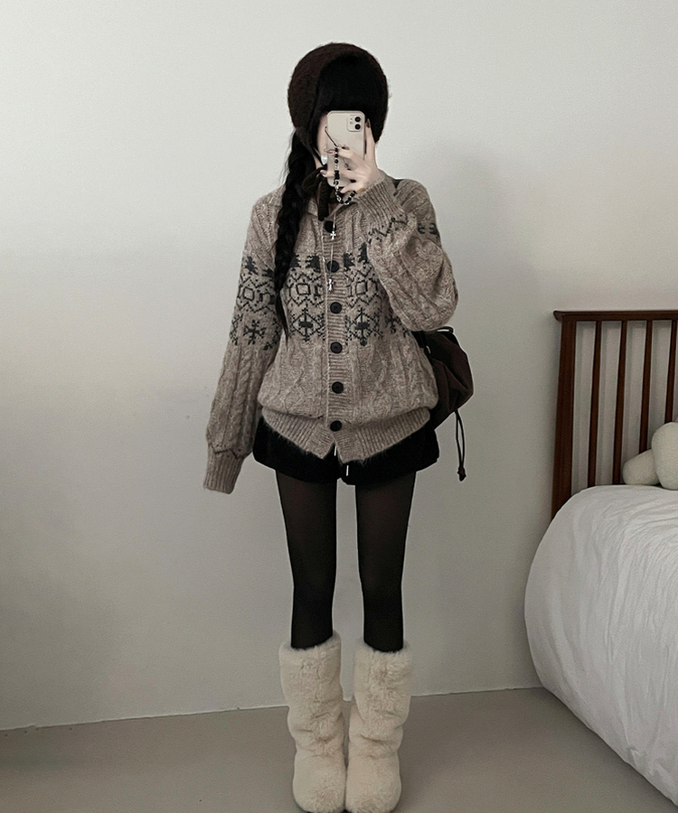 코제스노우노르딕패턴하이넥버튼울니트가디건