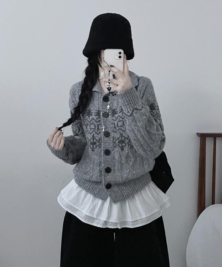 코제스노우노르딕패턴하이넥버튼울니트가디건