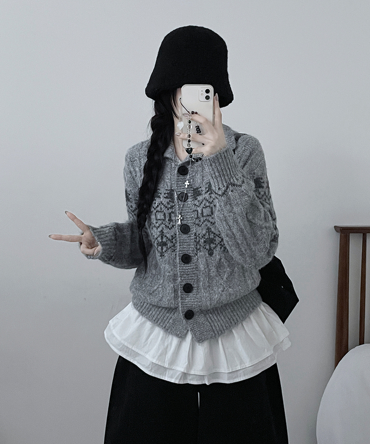 코제스노우노르딕패턴하이넥버튼울니트가디건