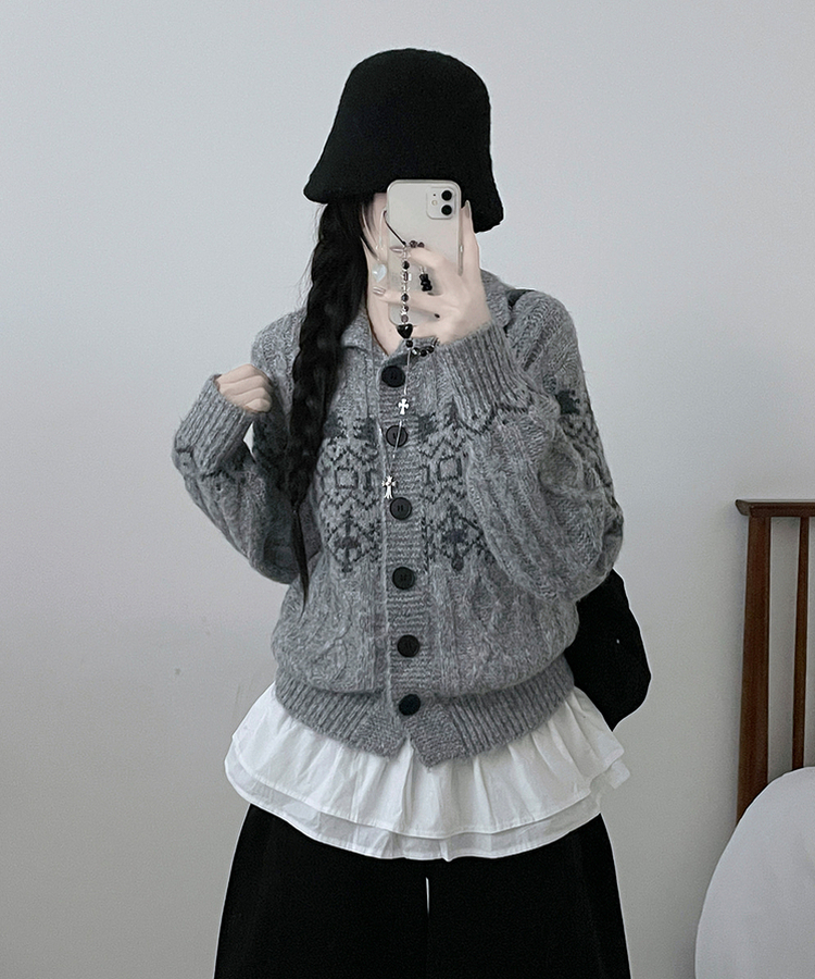 코제스노우노르딕패턴하이넥버튼울니트가디건