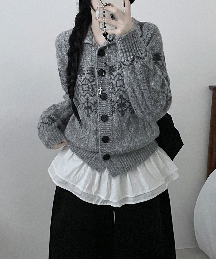 코제스노우노르딕패턴하이넥버튼울니트가디건