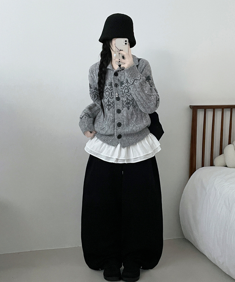 코제스노우노르딕패턴하이넥버튼울니트가디건