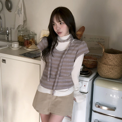 【マフラー付き】ストライプパフ半袖ニット LAVENDER