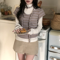 【マフラー付き】ストライプパフ半袖ニット LAVENDER