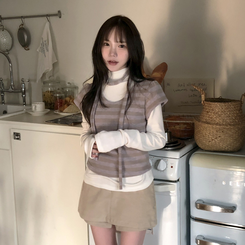 【マフラー付き】ストライプパフ半袖ニット LAVENDER