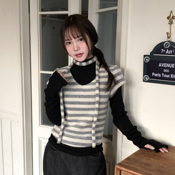 【マフラー付き】ストライプパフ半袖ニット GREY