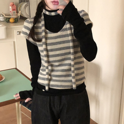 【マフラー付き】ストライプパフ半袖ニット GREY