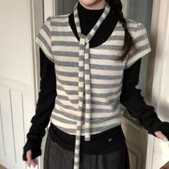 【マフラー付き】ストライプパフ半袖ニット GREY