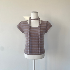 【マフラー付き】ストライプパフ半袖ニット