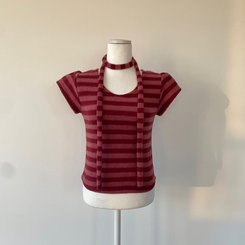 【マフラー付き】ストライプパフ半袖ニット