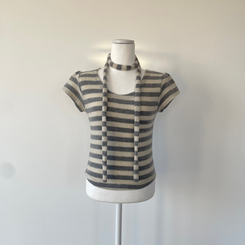 【マフラー付き】ストライプパフ半袖ニット