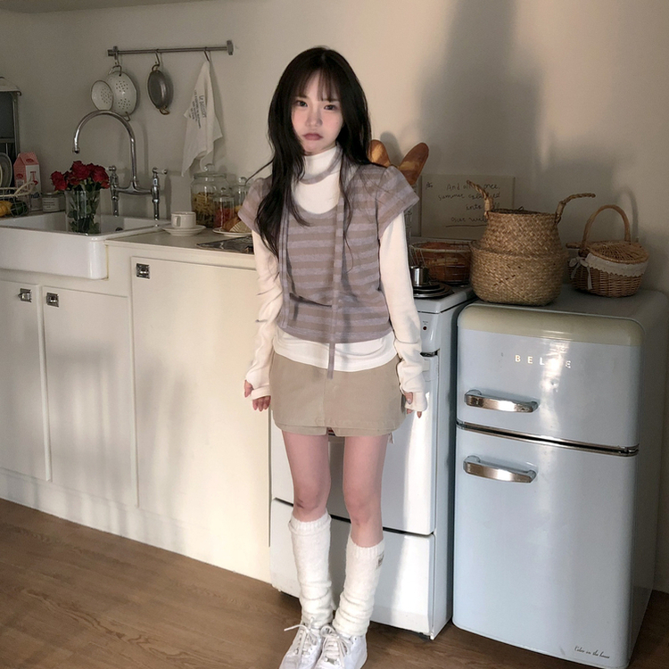 【マフラー付き】ストライプパフ半袖ニット LAVENDER