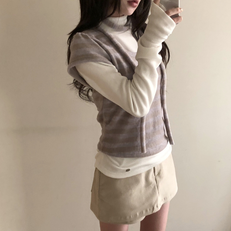 【マフラー付き】ストライプパフ半袖ニット LAVENDER