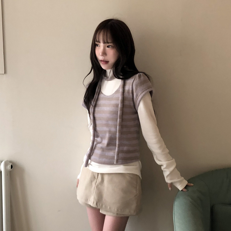 【マフラー付き】ストライプパフ半袖ニット LAVENDER