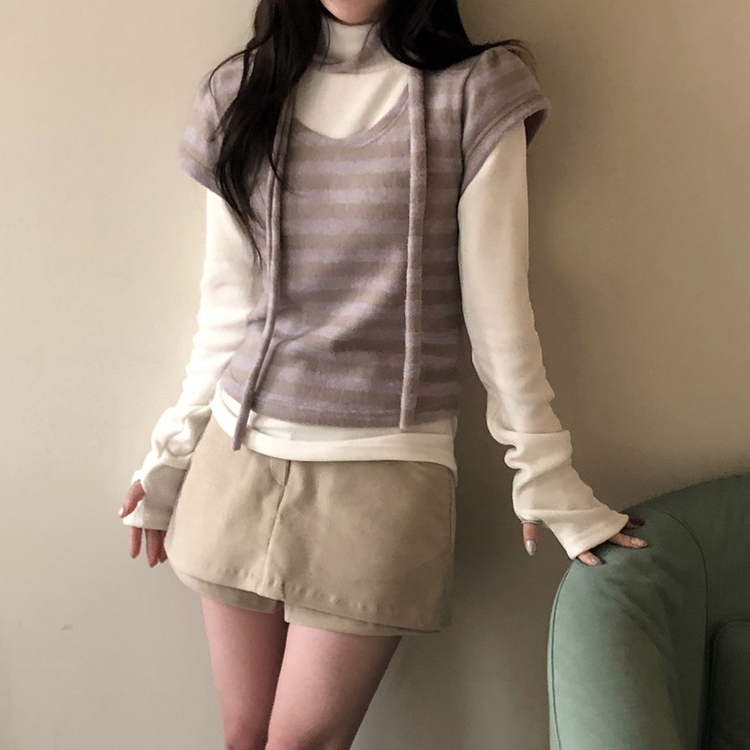 【マフラー付き】ストライプパフ半袖ニット LAVENDER