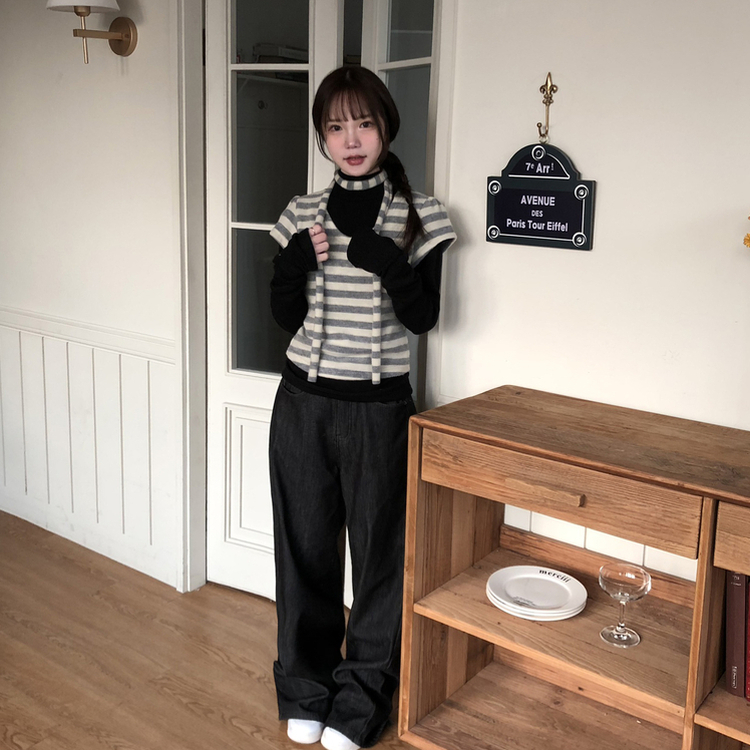 【マフラー付き】ストライプパフ半袖ニット GREY