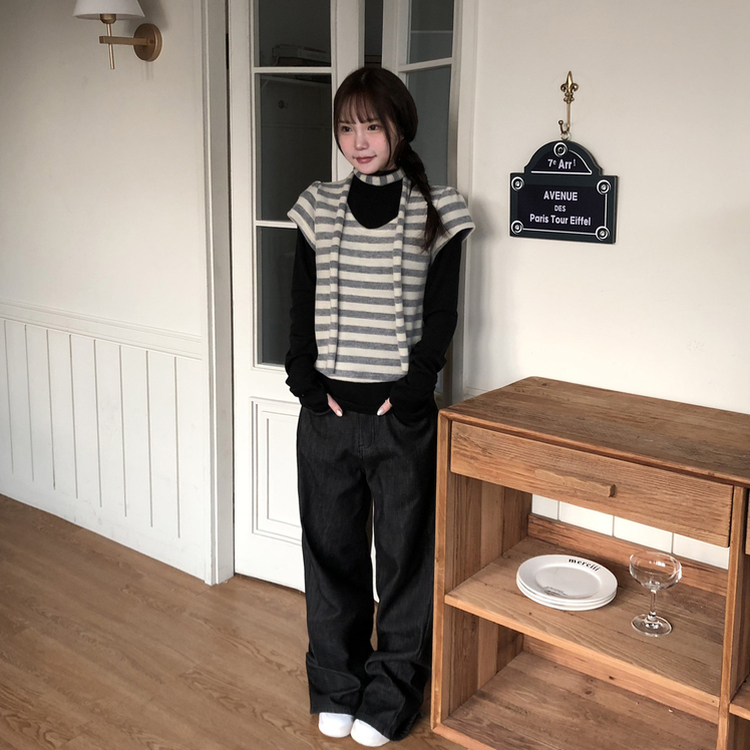 【マフラー付き】ストライプパフ半袖ニット GREY