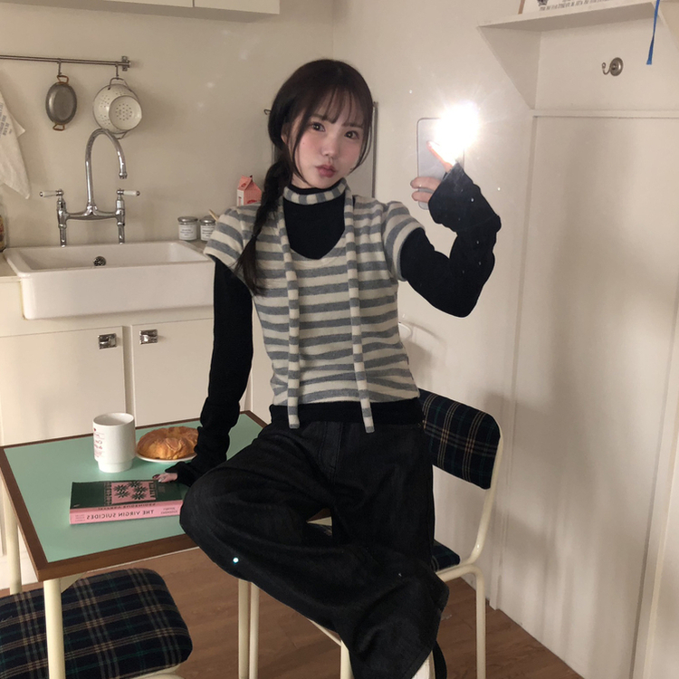 【マフラー付き】ストライプパフ半袖ニット GREY