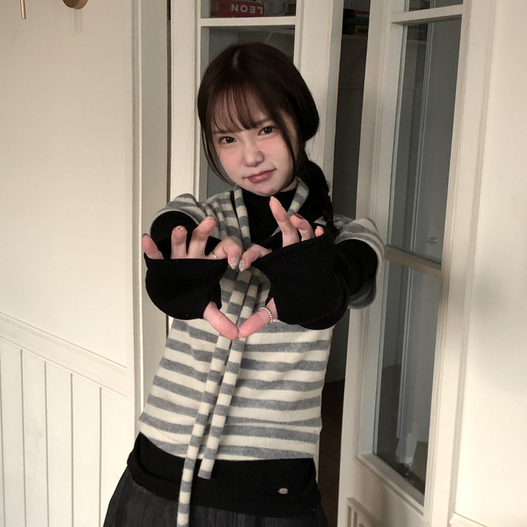 【マフラー付き】ストライプパフ半袖ニット GREY