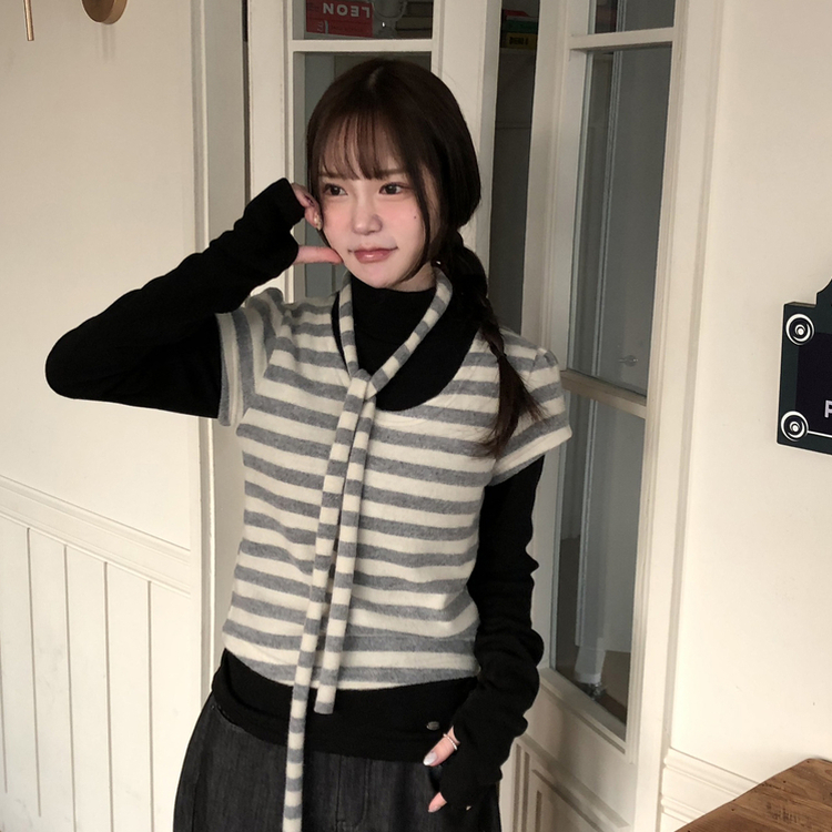 【マフラー付き】ストライプパフ半袖ニット GREY