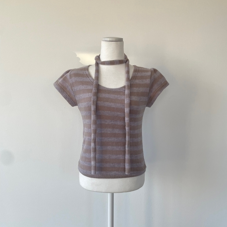 【マフラー付き】ストライプパフ半袖ニット