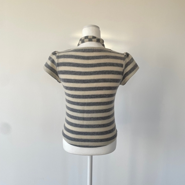 【マフラー付き】ストライプパフ半袖ニット