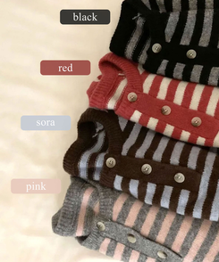 홀리 헨리넥 버튼 스트라이프 긴팔 울니트