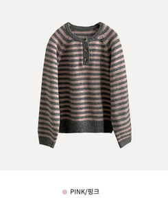 홀리 헨리넥 버튼 스트라이프 긴팔 울니트