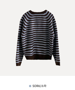 홀리 헨리넥 버튼 스트라이프 긴팔 울니트