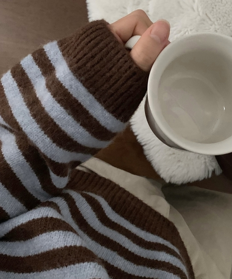 홀리 헨리넥 버튼 스트라이프 긴팔 울니트 소라