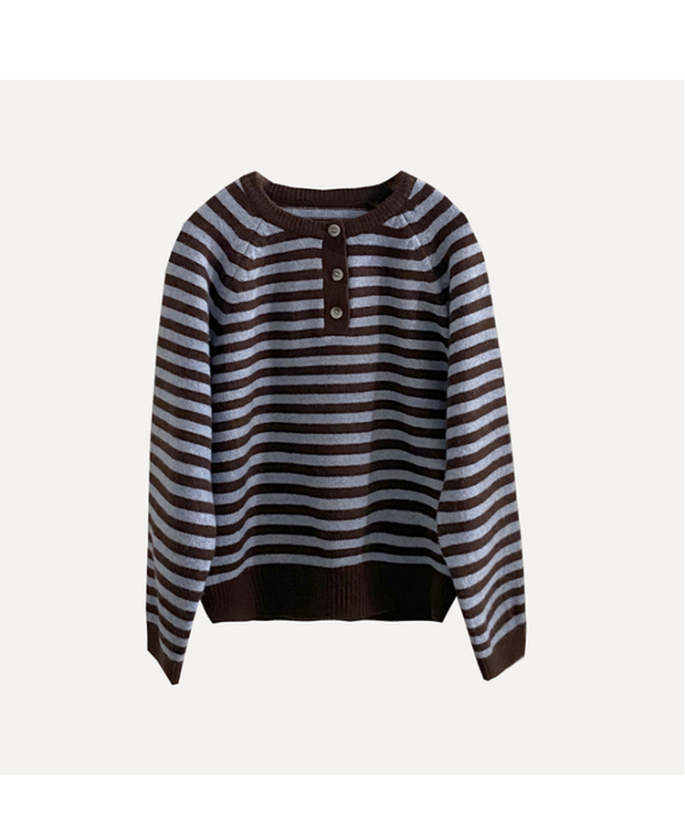 홀리 헨리넥 버튼 스트라이프 긴팔 울니트