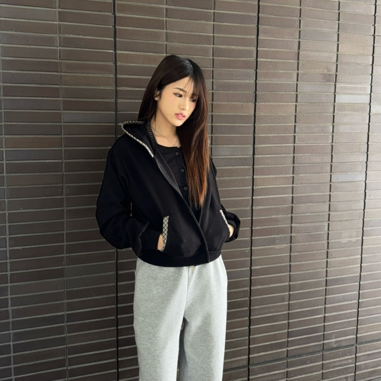 플라워 체크 후드 집업 블랙