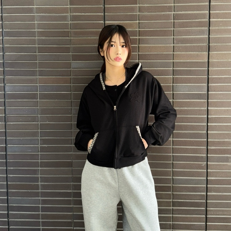 플라워 체크 후드 집업 블랙