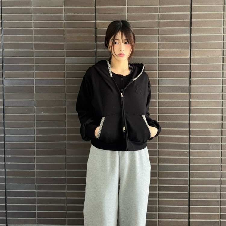 플라워 체크 후드 집업 블랙